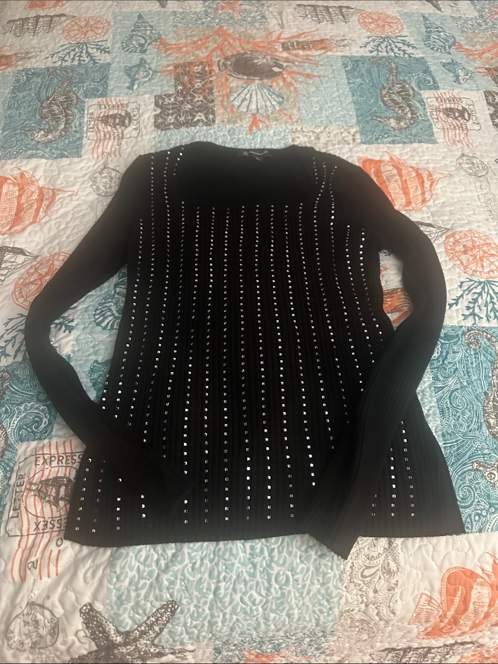 INC International Concepts Black Studded Scoop Neck Sweater